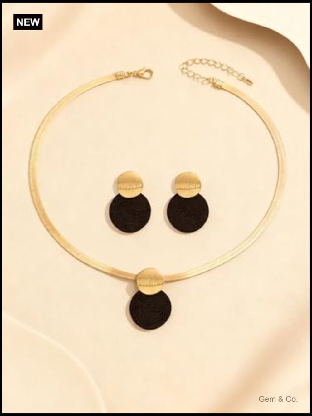 Gold Herringbone Snake Chain Choker Necklace With Black Disc Pendant Earring - Picture 4 of 7